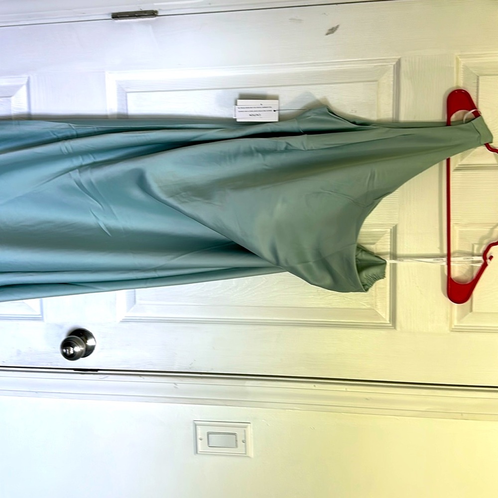 One shoulder, seafoam, green dress
